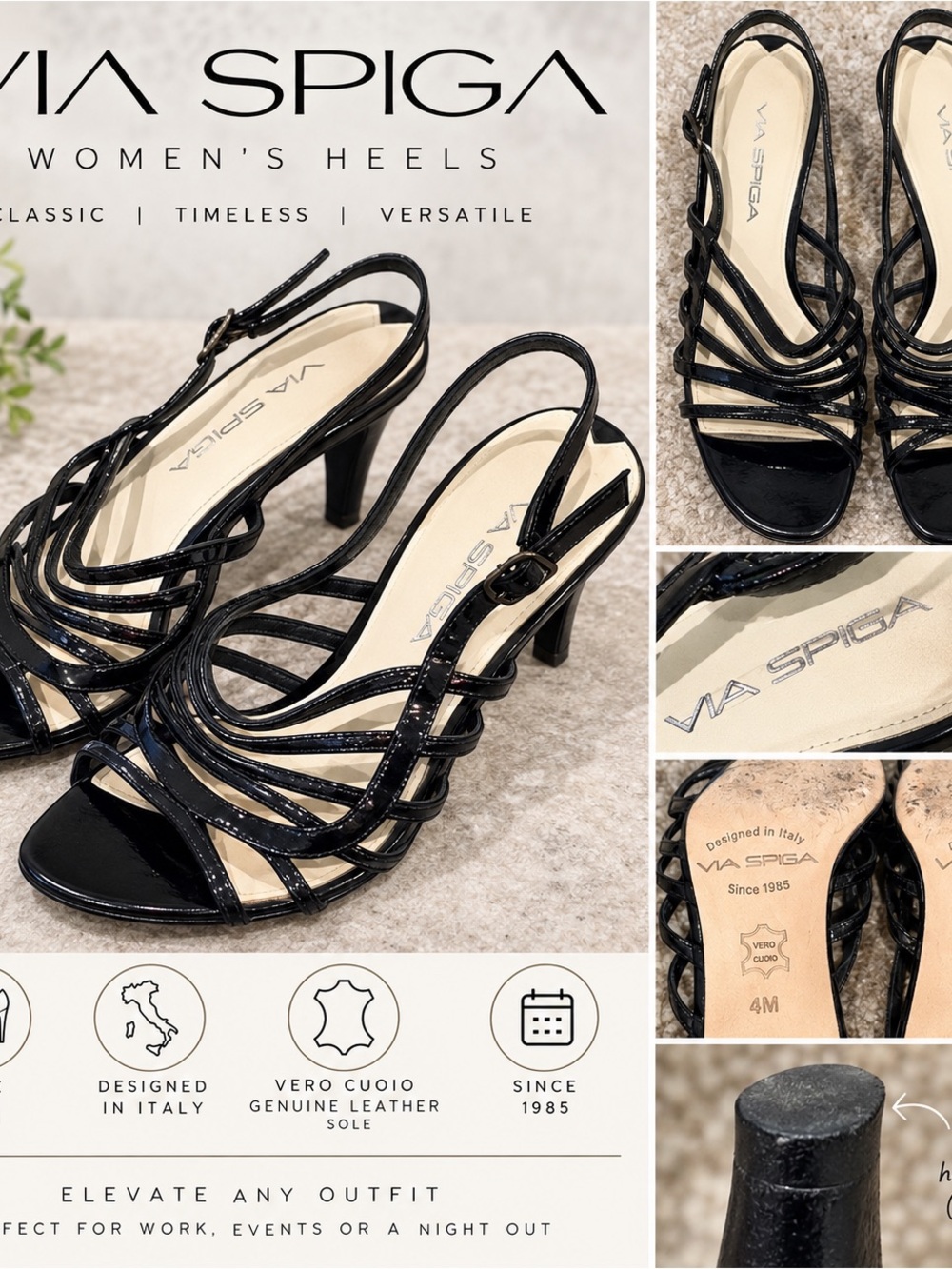 Via Spiga Black Strappy Slingback Heels with Patent Finish